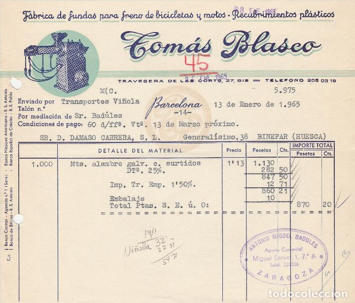 Facturas antiguas: FACTURA. TOM&Aacute;S BLASCO. F&Aacute;BRICA DE FUNDAS PARA FRENO DE BICICLETAS. BARCELONA. 1965.