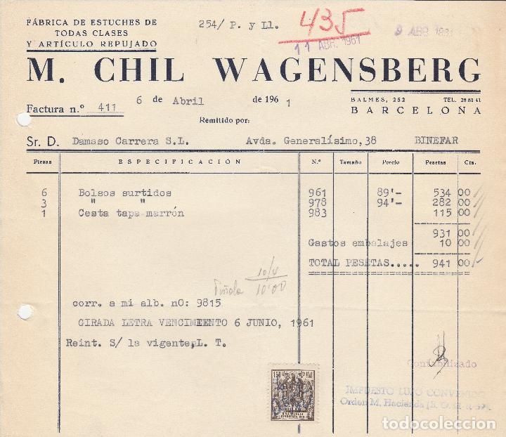 Alte Rechnungen: FACTURA. M. CHIL WAGENSBERG. F&Aacute;BRICA DE ESTUCHES DE TODAS CLASES Y ART&Iacute;CULOS. BARCELONA. 1961