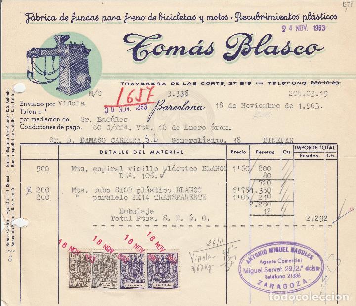 Facturas antiguas: FACTURA. TOM&Aacute;S BLASCO. F&Aacute;BRICA DE FUNDAS PARA FRENO DE BICICLETAS. BARCELONA. 1963.