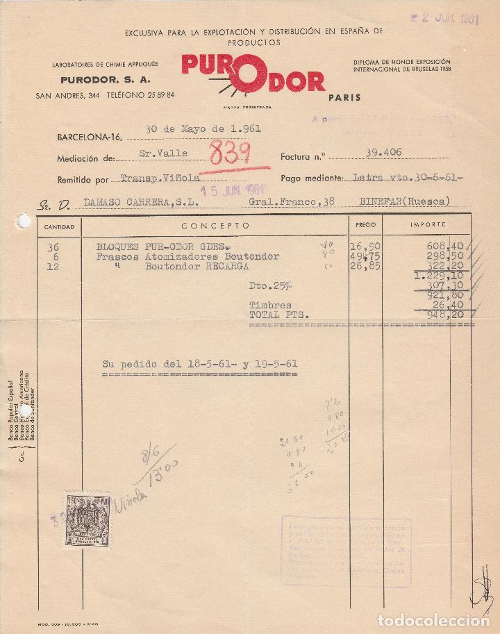 Alte Rechnungen: FACTURA. PURODOR, S.A. LABORATOIRES DE CHIMIE APPLIQU&Eacute;E. BARCELONA. 1961