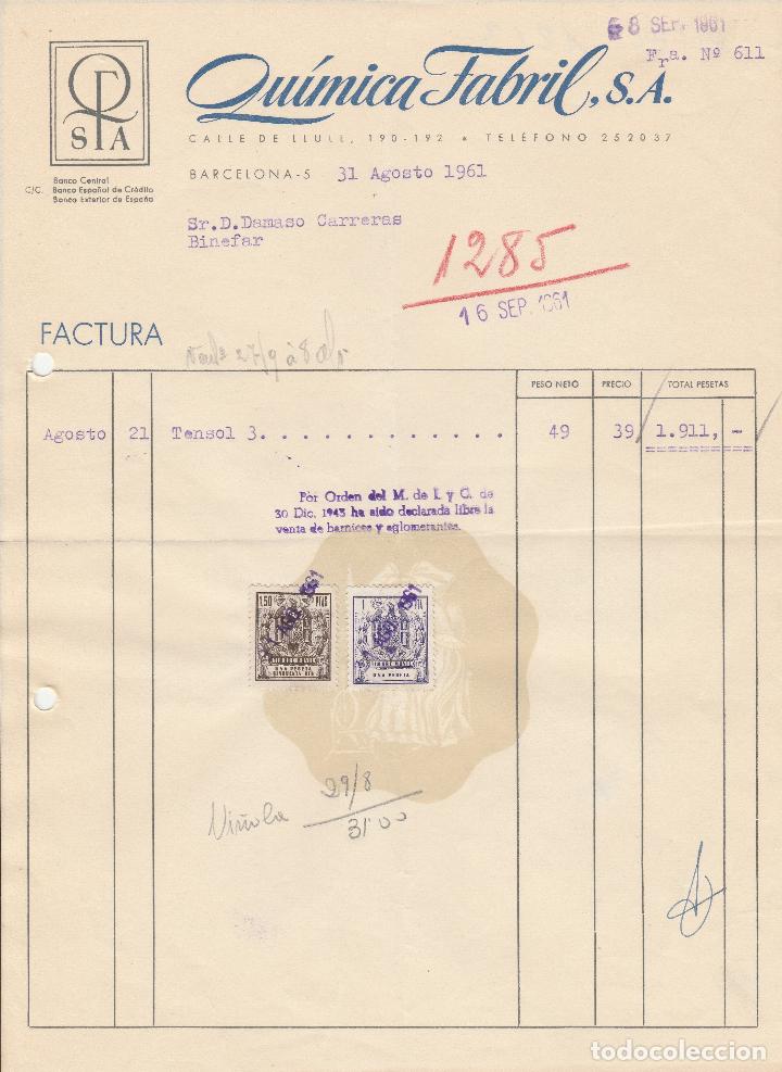 Alte Rechnungen: FACTURA. QU&Iacute;MICA FABRIL S.A. BARCELONA. 1961.