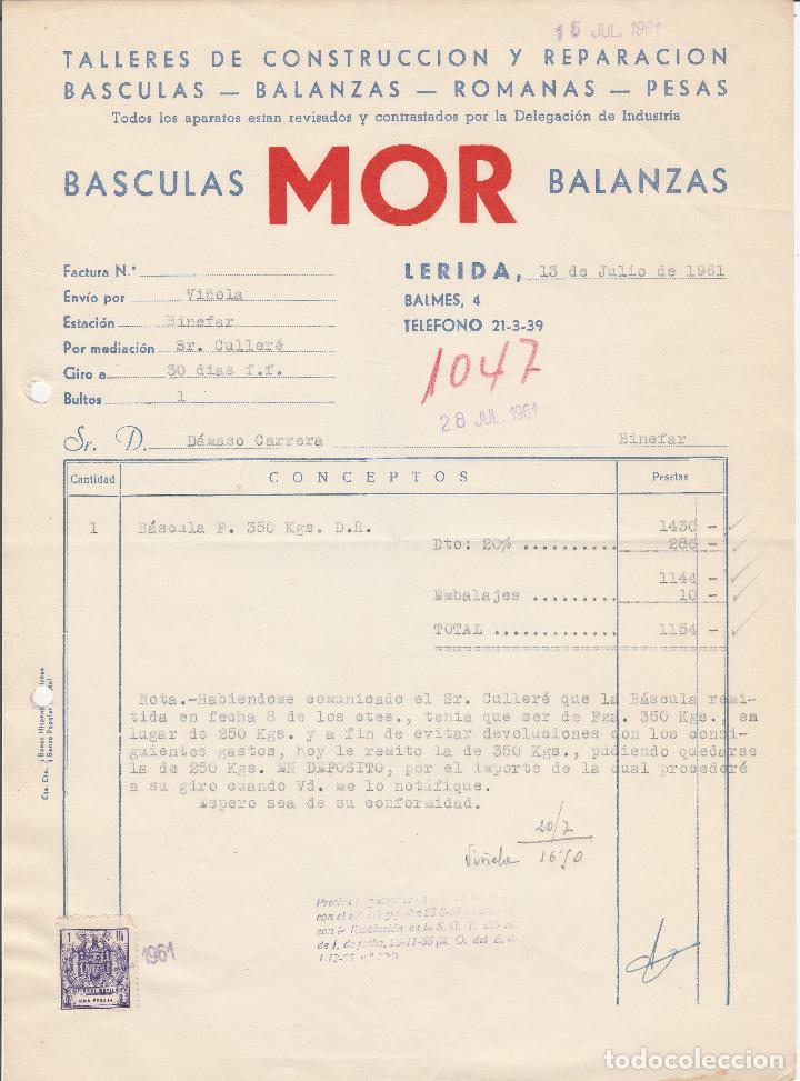 Alte Rechnungen: FACTURA. BASCULAS MOR BALANZAS. ROMANAS-PESAS-B&Aacute;SCULAS-BALANZAS. L&Eacute;RIDA. 1961.
