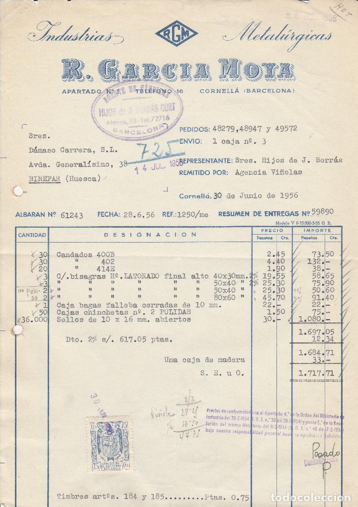 Alte Rechnungen: FACTURA. INDUSTRIAS METAL&Uacute;RGICAS R. GARCIA MOYA. CORNELL&Aacute;-BARCELONA. 1956.