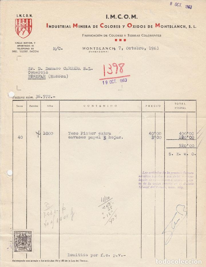 Alte Rechnungen: FACTURA. I.M.C.O.M. INDUSTRIAL MINERA DE COLORES Y OXIDOS DE MONTBLANCH, S.L. MONTBLANCH. 1963.