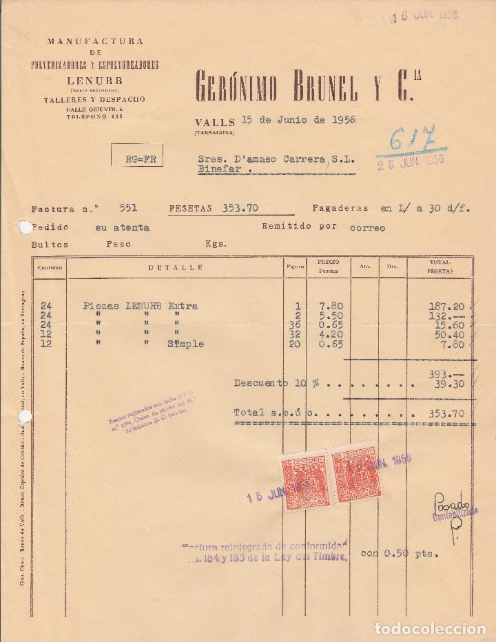 Alte Rechnungen: FACTURA. GER&Oacute;NIMO BRUNEL Y CIA.  MANUFACTURAS DE PULVERIZACIONES . VALLS-TARRAGONA. 1956.