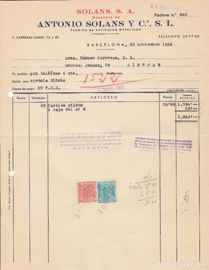Alte Rechnungen: FACTURA. SOLANS, S.A.. SUCESORA DE ANTONIO SOLANS Y CA., S.L. BARCELONA. 1959.