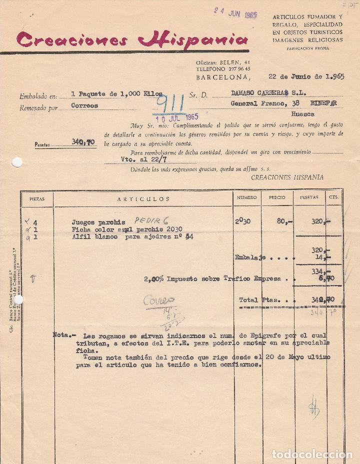 Alte Rechnungen: FACTURA. CREACIONES HISPANIA. ART&Iacute;CULOS FUMADOR Y REGALO. BARCELONA. 1965.