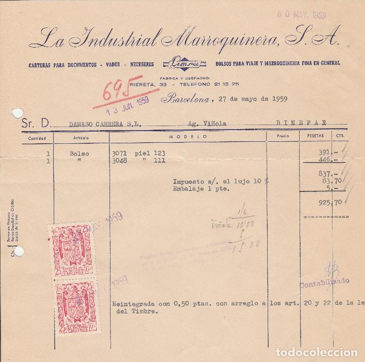Alte Rechnungen: FACTURA. LA INDUSTRIAL MARROQUINERA, S.A. CARTERAS PARA DOCUMENTOS - VADES . BARCELONA. 1959.