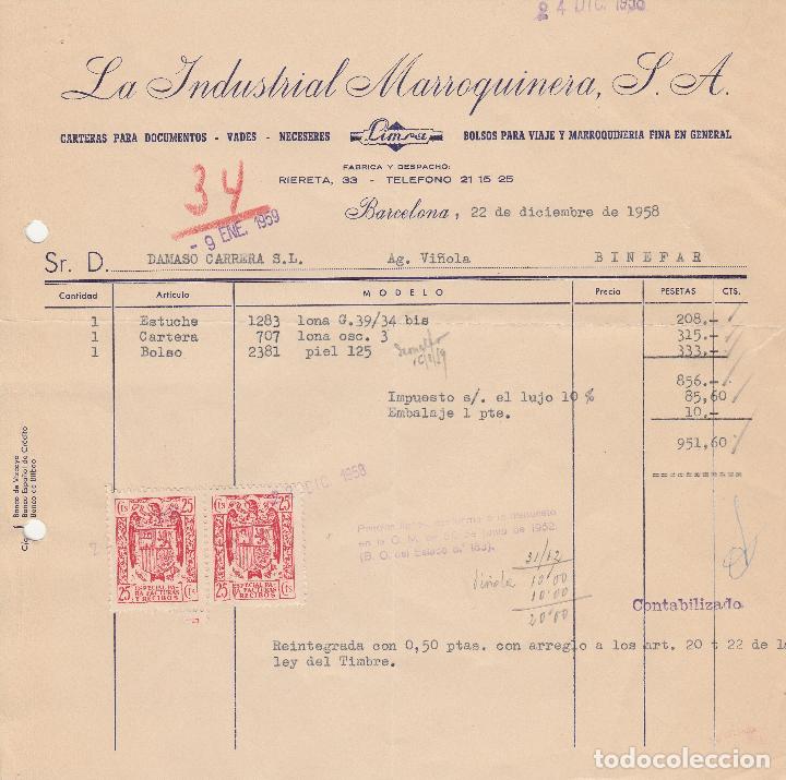 Alte Rechnungen: FACTURA. LA INDUSTR&Iacute;A MARROQUINERA S.A. CARTERAS PARA DOCUMENTOS - VADES - NECESERES. BARCELONA.1958