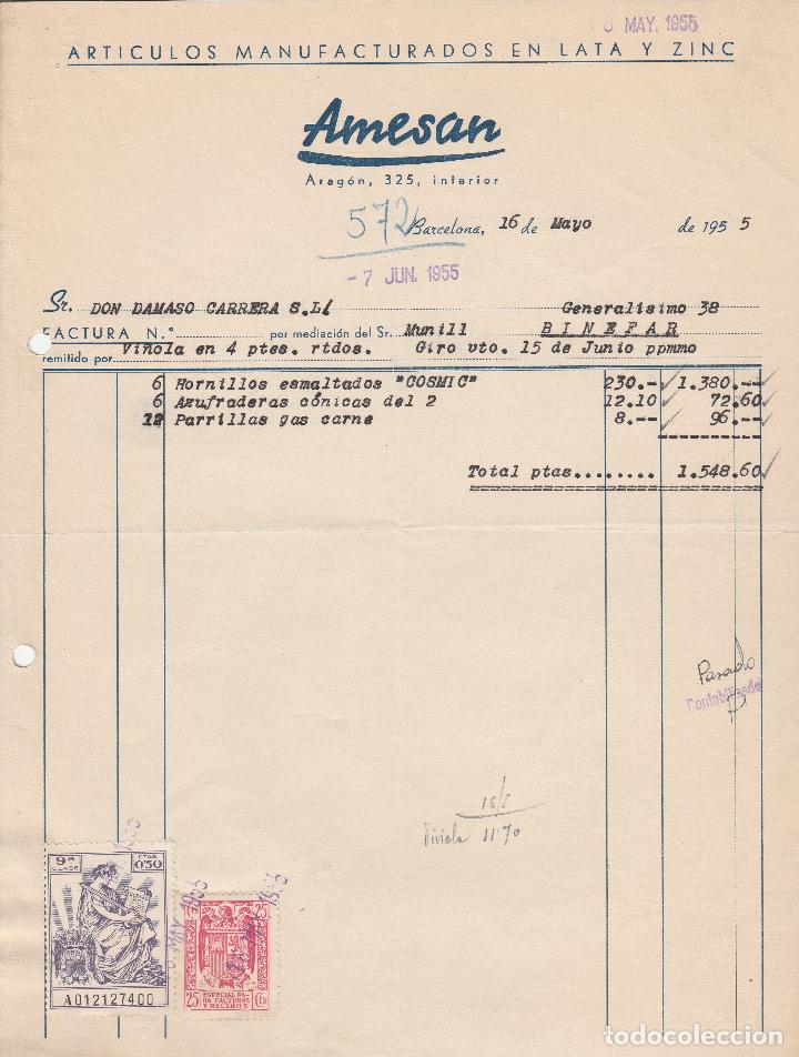 Alte Rechnungen: FACTURA. AMESAN. ART&Iacute;CULOS MANUFACTURADOS EN LATA Y ZINC. BARCELONA. 1955.