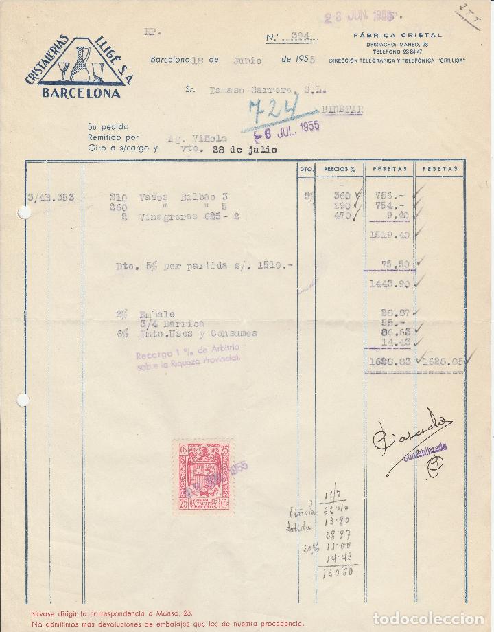 Alte Rechnungen: FACTURA. CRISTALER&Iacute;AS LLIG&Eacute; S.A.  BARCELONA. 1955.