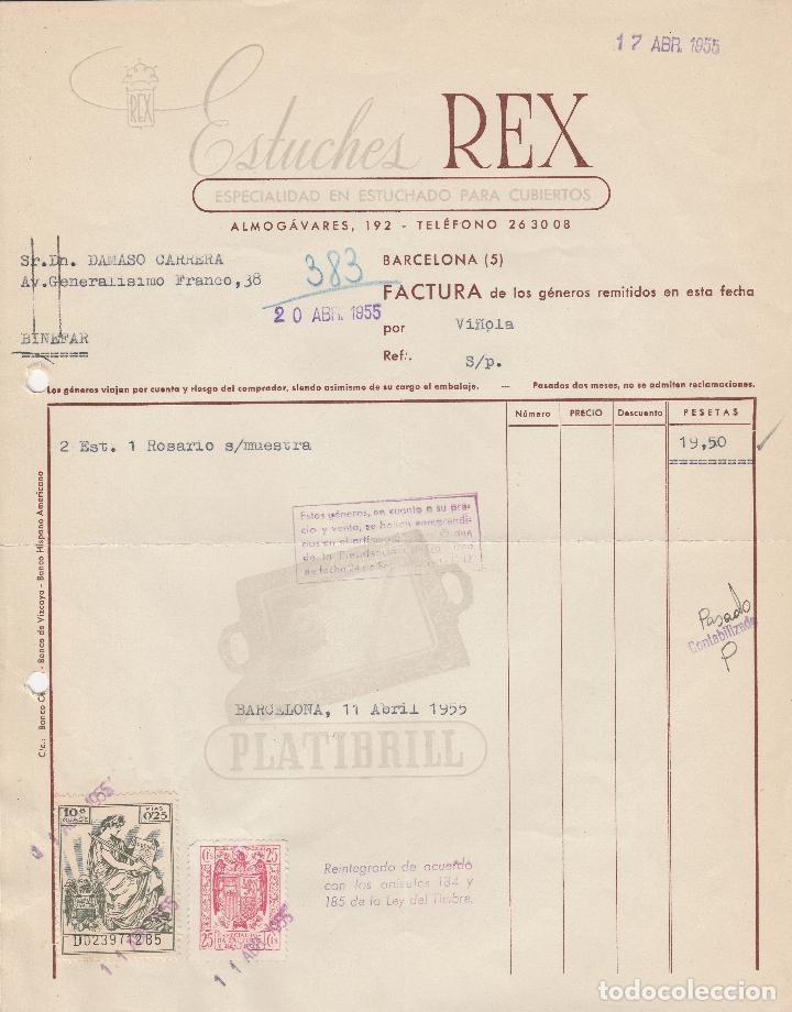 Alte Rechnungen: FACTURA. ESTUCHES REX. ESPECIALIDAD EN ESTUCHADO PARA CUBIERTOS. BARCELONA. 1955.