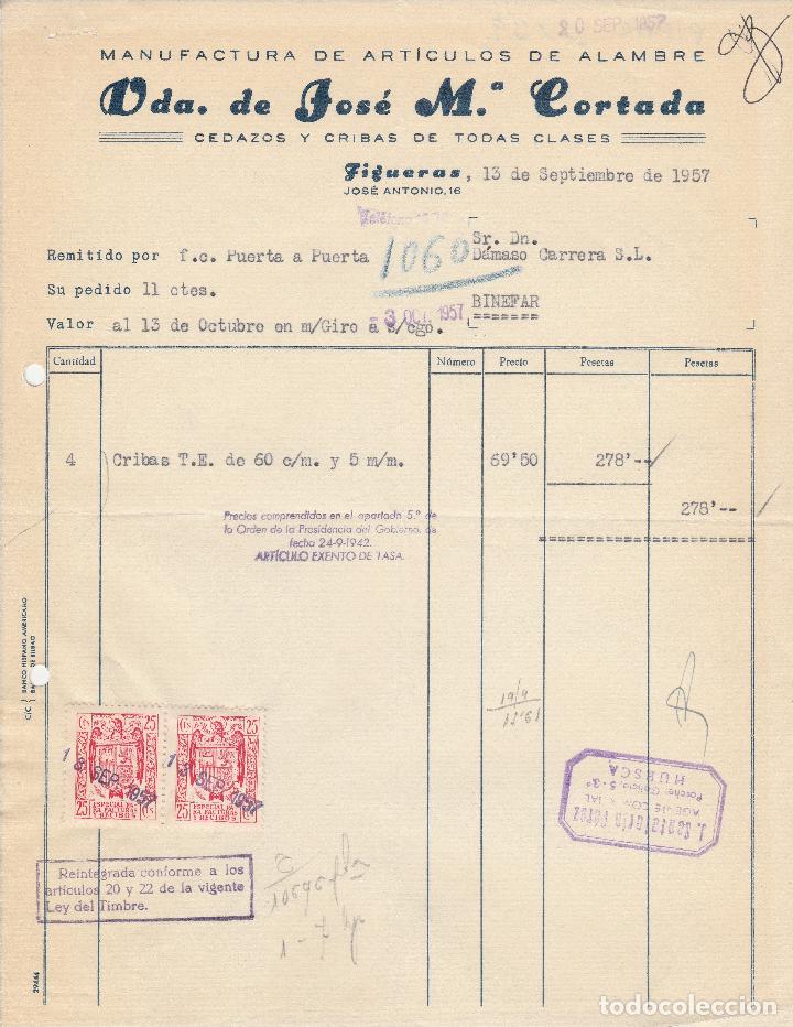 Alte Rechnungen: FACTURA. VDA. DE JOS&Eacute; M&ordf;. CORTADA. MANUFACTURA DE ART&Iacute;CULOS DE ALAMBRE. FIGUERAS. 1957.