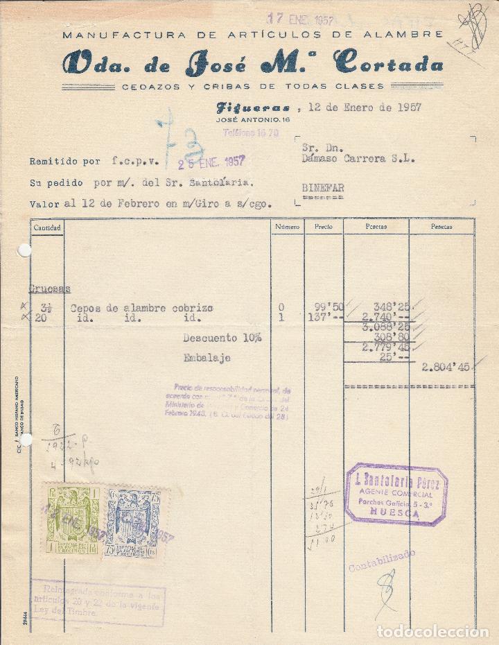 Alte Rechnungen: FACTURA. VDA. DE JOS&Eacute; M&ordf;. CORTADA. MANUFACTURA DE ART&Iacute;CULOS DE ALAMBRE. FIGUERAS. 1957.