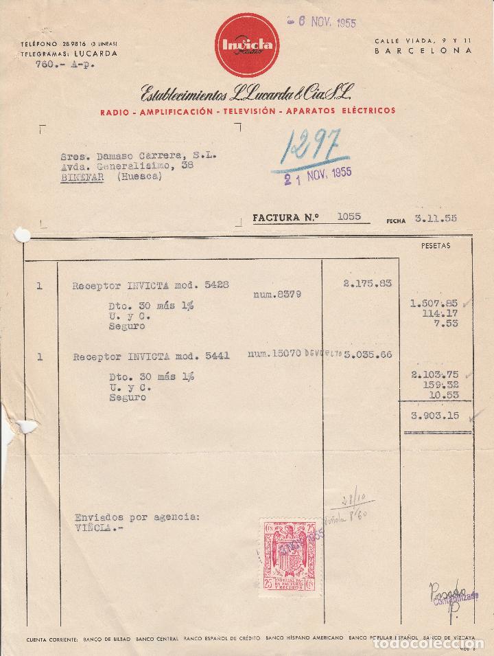 Alte Rechnungen: FACTURA. ESTABLECIMIENTOS L. LUCARDA Y CIA. S.L. RADIO-AMPLIFICACI&Oacute;N-TELEVISI&Oacute;N. BARCELONA. 1955.