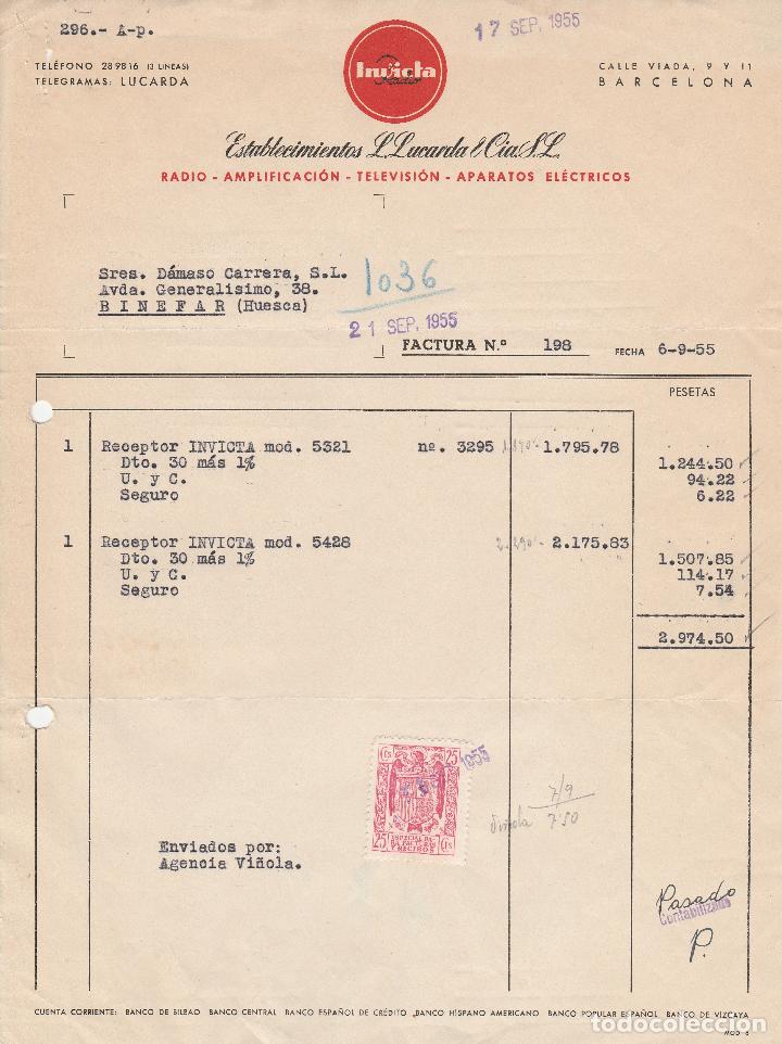 Alte Rechnungen: FACTURA. ESTABLECIMIENTOS L. LUCARDA Y CIA. S.L. RADIO-AMPLIFICACI&Oacute;N-TELEVISI&Oacute;N. BARCELONA. 1955.
