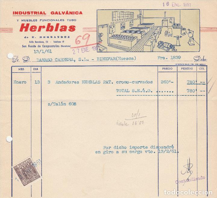 Alte Rechnungen: FACTURA. INDUSTRIAL GALV&Aacute;NICA Y MUEBLES FUNCIONALES TUBO. HERBLAS. SAN FAUSTO DE CAMPCENTELLAS.1961.