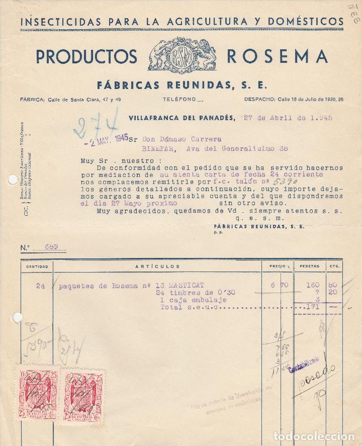 Alte Rechnungen: FACTURA. PRODUCTOS ROSEMA. F&Aacute;BRICAS REUNIDAS S.E. VILLAFRANCA DE PANAD&Eacute;S. 1945.