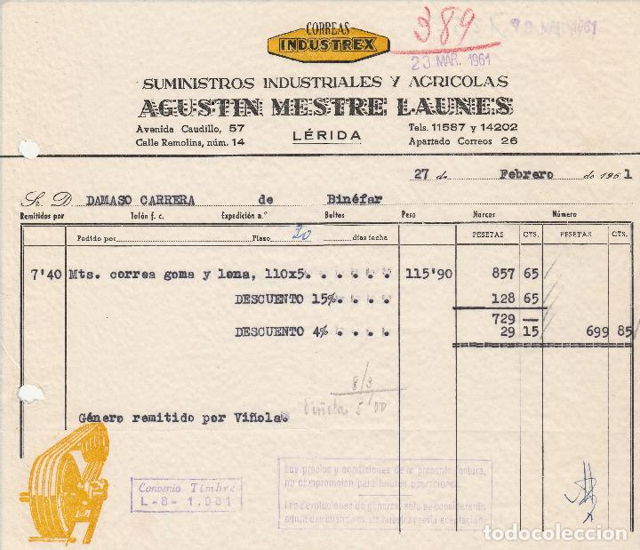 Alte Rechnungen: FACTURA. SUMINISTROS INDUSTRIALES Y AGR&Iacute;COLAS. AGUST&Iacute;N MESTRE LAUNES. L&Eacute;RIDA. 1961.