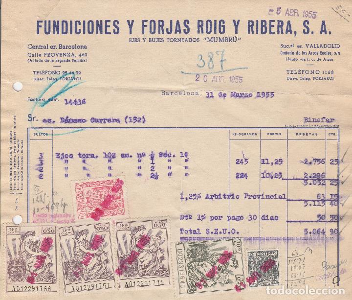 Alte Rechnungen: FACTURA. FUNDICIONES Y FORJAS ROIG Y RIBERA, S.A. EJES Y BUJES TORNEADOS. BARCELONA. 1955.