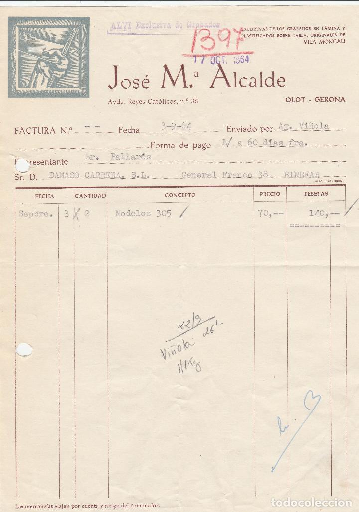 Alte Rechnungen: FACTURA. JOSE  M&ordf;. ALCALDE. GRABADOS EN L&Aacute;MINAS Y PLASTIFICADOS. OLOT - GERONA. 1964.