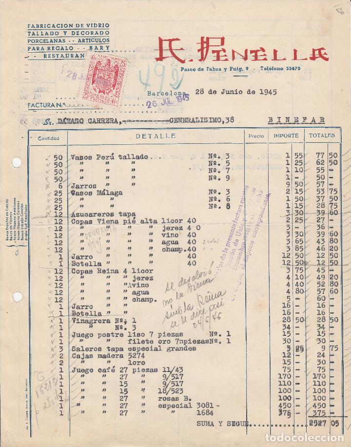 Alte Rechnungen: FACTURA. A.PENELLA. FABRICACI&Oacute;N DE VIDRIO TALLADO Y DECORADO. BARCELONA. 1945.
