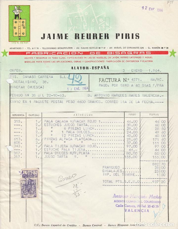 Alte Rechnungen: FACTURA. JAIME REURER PIRIS. FABRICACI&Oacute;N DE BISAGRAS. ALAYOR-ESPA&Ntilde;A. 1964.