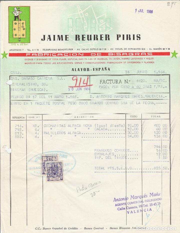 Alte Rechnungen: FACTURA. JAIME REURER PIRIS. FABRICACI&Oacute;N DE BISAGRAS. ALAYOR-ESPA&Ntilde;A. 1964.