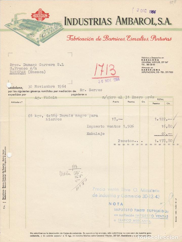 Alte Rechnungen: FACTURA. INDUSTRIAS AMBAROL, S.A. FABRICACI&Oacute;N DE BARNICES,ESMALTES,PINTURAS. BADALONA. 1964.