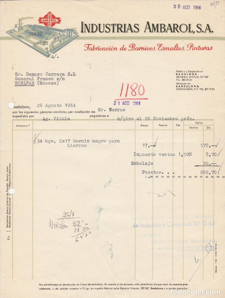 Alte Rechnungen: FACTURA. INDUSTRIAS AMBAROL, S.A. FABRICACI&Oacute;N DE BARNICES,ESMALTES,PINTURAS. BADALONA. 1964.