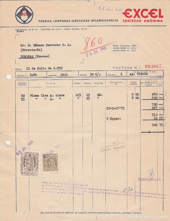 Alte Rechnungen: FACTURA. EXCEL SOCIEDAD AN&Oacute;NIMA. F&Aacute;BRICA L&Aacute;MPARAS EL&Eacute;CTRICAS INCANDESCENCIA. 1959.