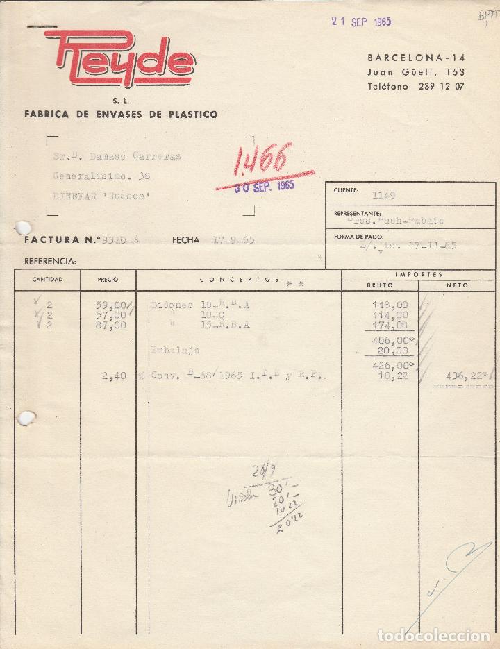 Alte Rechnungen: FACTURA. REYDE S.L. F&Aacute;BRICA DE ENVASES DE PL&Aacute;STICO.  BARCELONA. 1965.