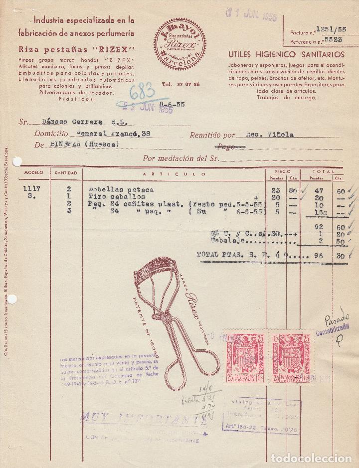 Alte Rechnungen: FACTURA. J.MAYOL. RIZA PESTA&Ntilde;AS. -RIZEX-. INDUSTRIA ESPECIALIZADA PERFUMER&Iacute;A.  BARCELONA. 1955.