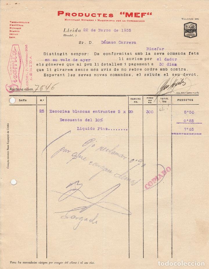 Alte Rechnungen: FACTURA.  PRODUCTES  M E F . LLEIDA.  1935.