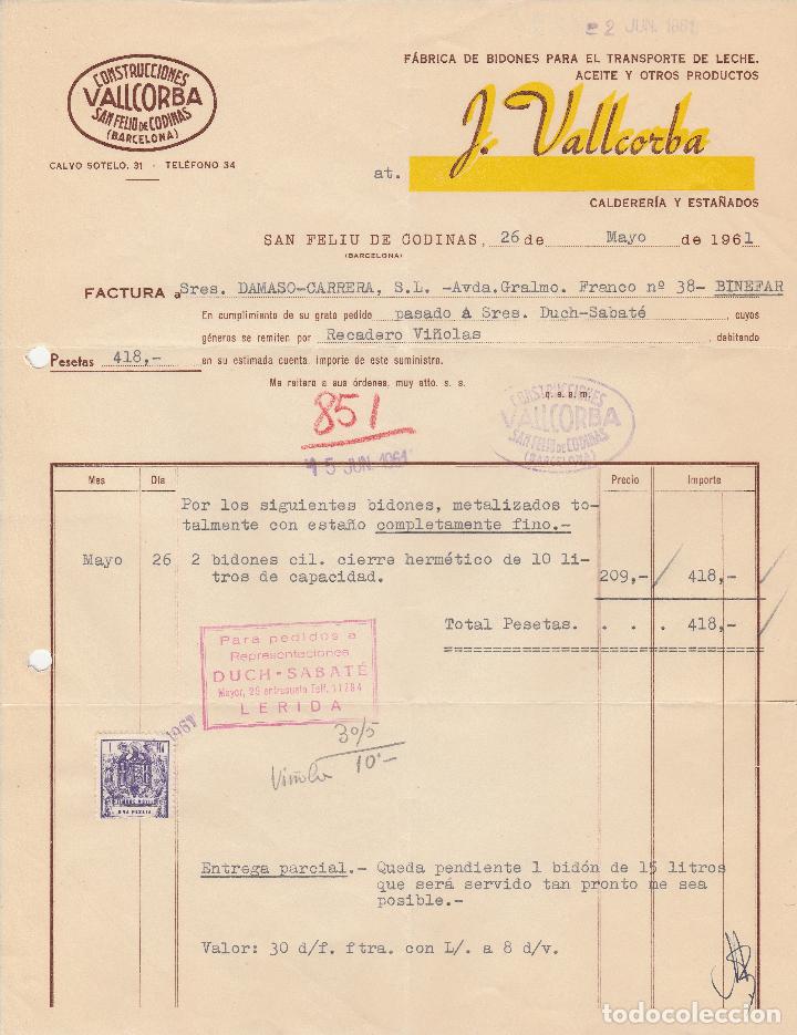 Alte Rechnungen: FACTURA. J. VALLCORBA. FABRICA DE BIDONES PARA EL TRANSPORTE DE LECHE. SAN FELIU DE CODINAS. 1961.