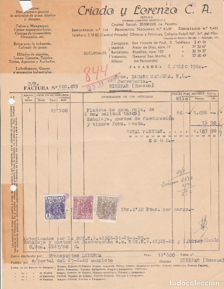 Alte Rechnungen: FACTURA. CRIADO Y LORENZO C.A. TUBOS Y MANGUERAS. ZARAGOZA. 1960