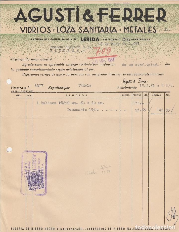 Alte Rechnungen: FACTURA. AGUSTI & FERRER. VIDRIO - LOZA SANITARIA - METALES. L&Eacute;RIDA. 1961.