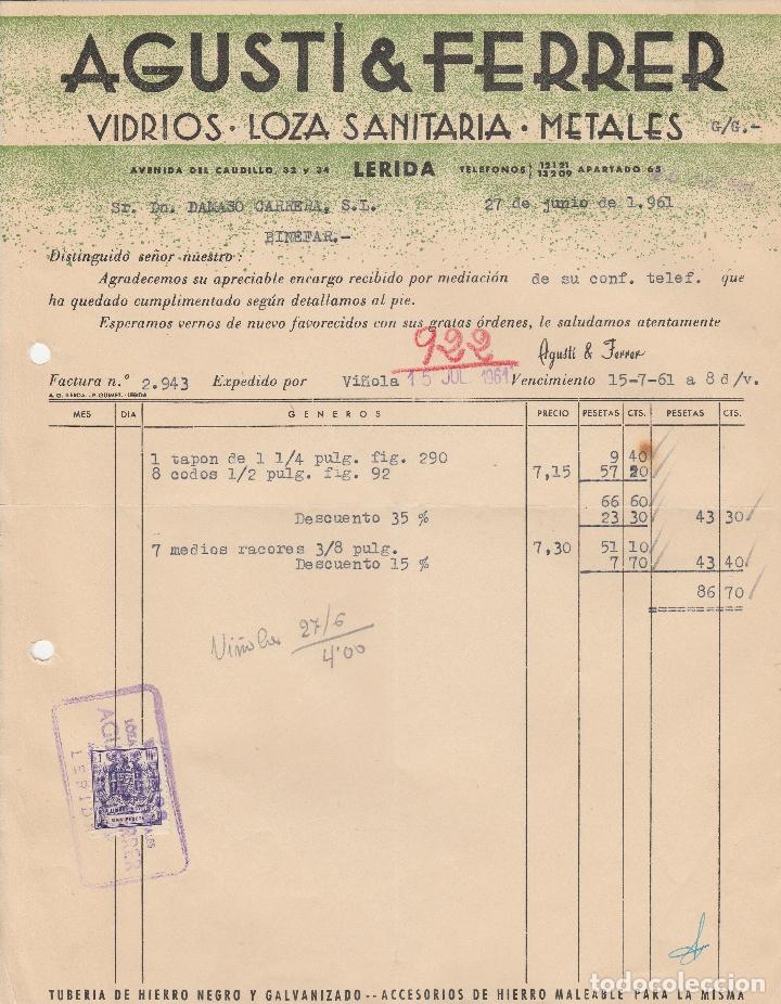 Alte Rechnungen: FACTURA. AGUSTI & FERRER. VIDRIO - LOZA SANITARIA - METALES. L&Eacute;RIDA. 1961.
