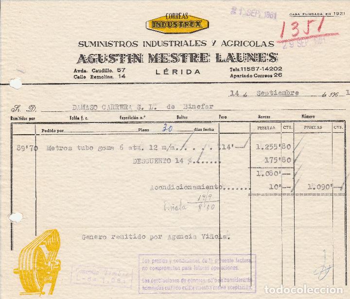 Alte Rechnungen: FACTURA. CORREAS INDUSTREX. AGUSTIN MESTRE LAUNES. SUMINISTROS INDUSTRIALES AGR&Iacute;COLAS. L&Eacute;RIDA. 1961.