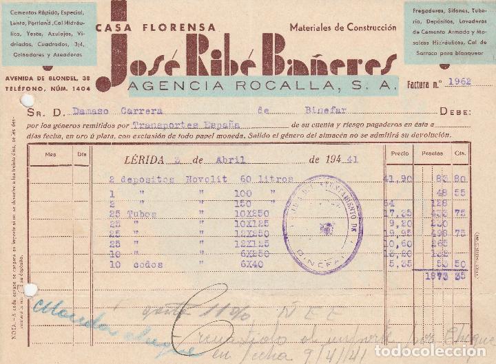 Alte Rechnungen: FACTURA. JOS&Eacute; RIB&Eacute; BA&Ntilde;ERES. AGENCIA ROCALLA S.A. MATERIALES DE CONSTRUCCI&Oacute;N. L&Eacute;RIDA. 1941