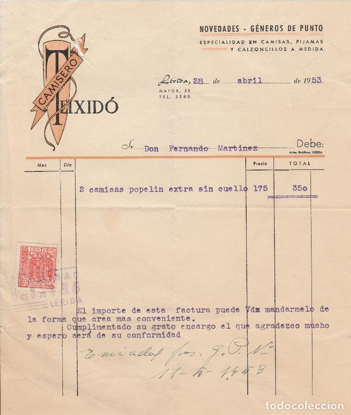 Alte Rechnungen: FACTURA. CAMISERO TEIXID&Oacute;. ESPECIALIDAD EN CAMISAS, PIJAMAS Y CALZONCILLOS A MEDIDA. L&Eacute;RIDA. 1953.