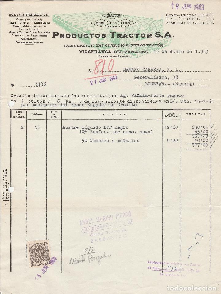 Alte Rechnungen: FACTURA. PRODUCTOS TRACTOR S.A. FABRICACI&Oacute;N IMPORTACI&Oacute;N EXPORTACION. VILAFRANCA DEL PANAD&Eacute;S. 1963.