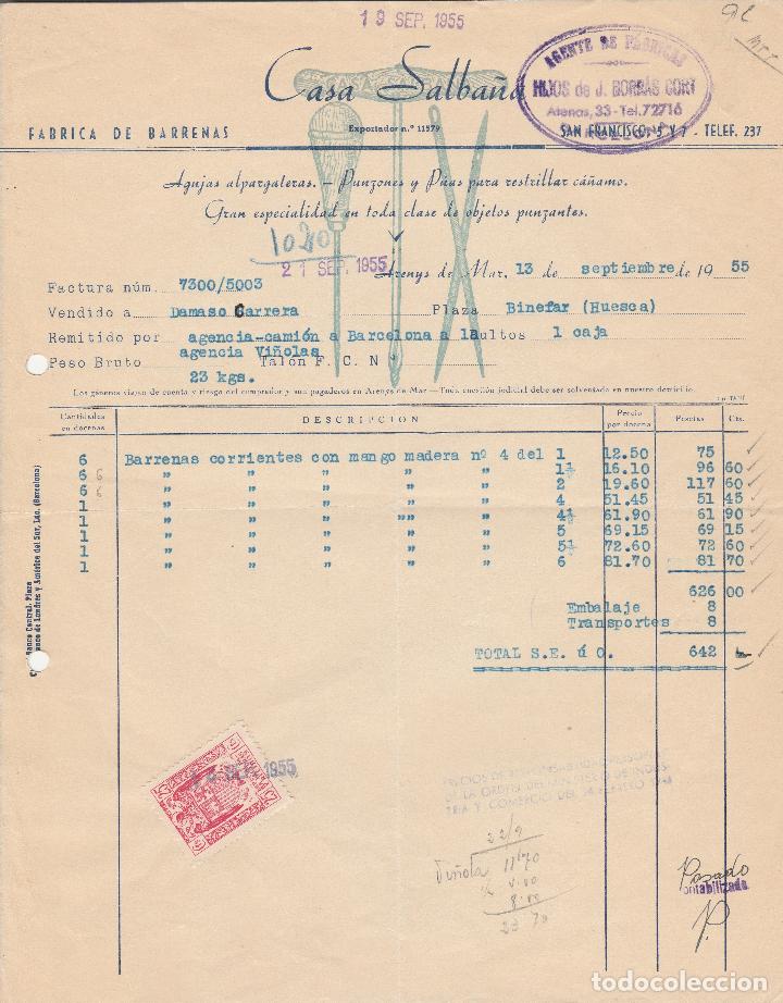 Alte Rechnungen: FACTURA. CASA SALBA&Ntilde;A. F&Aacute;BRICA DE BARRENAS. ARENYS DE MAR. 1955.