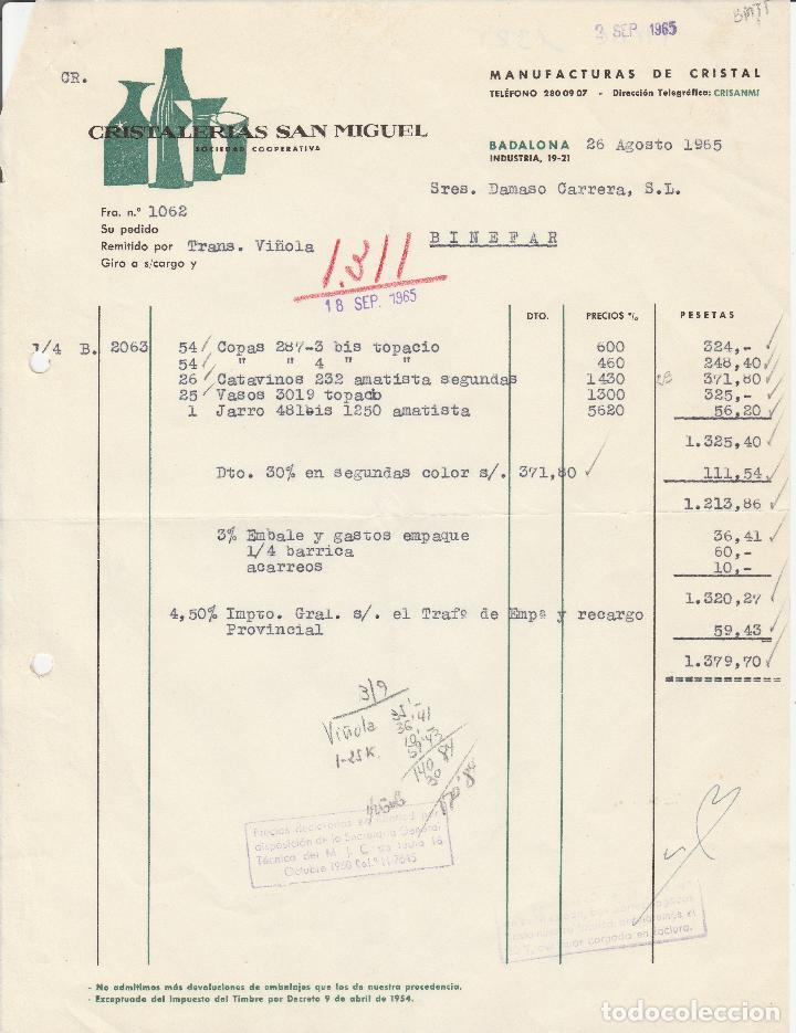 Factures anciennes: FACTURA. CRISTALER&Iacute;AS SAN MIGUEL. BADALONA. 1965.