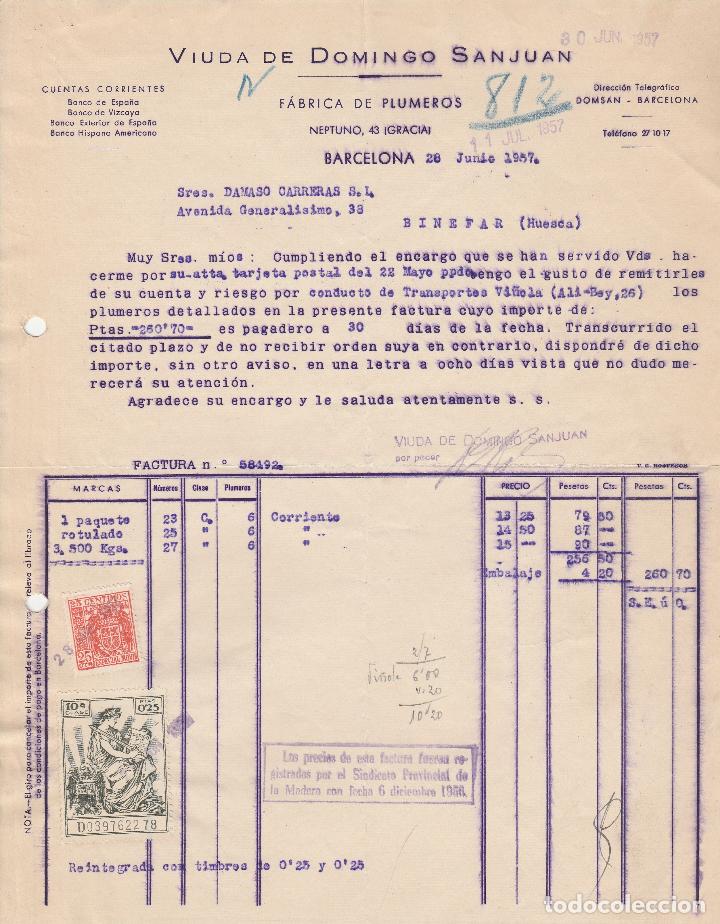 Factures anciennes: FACTURA. VIUDA DE DOMINGO SANJUAN. F&Aacute;BRICA DE PLUMEROS. BARCELONA. 1957..