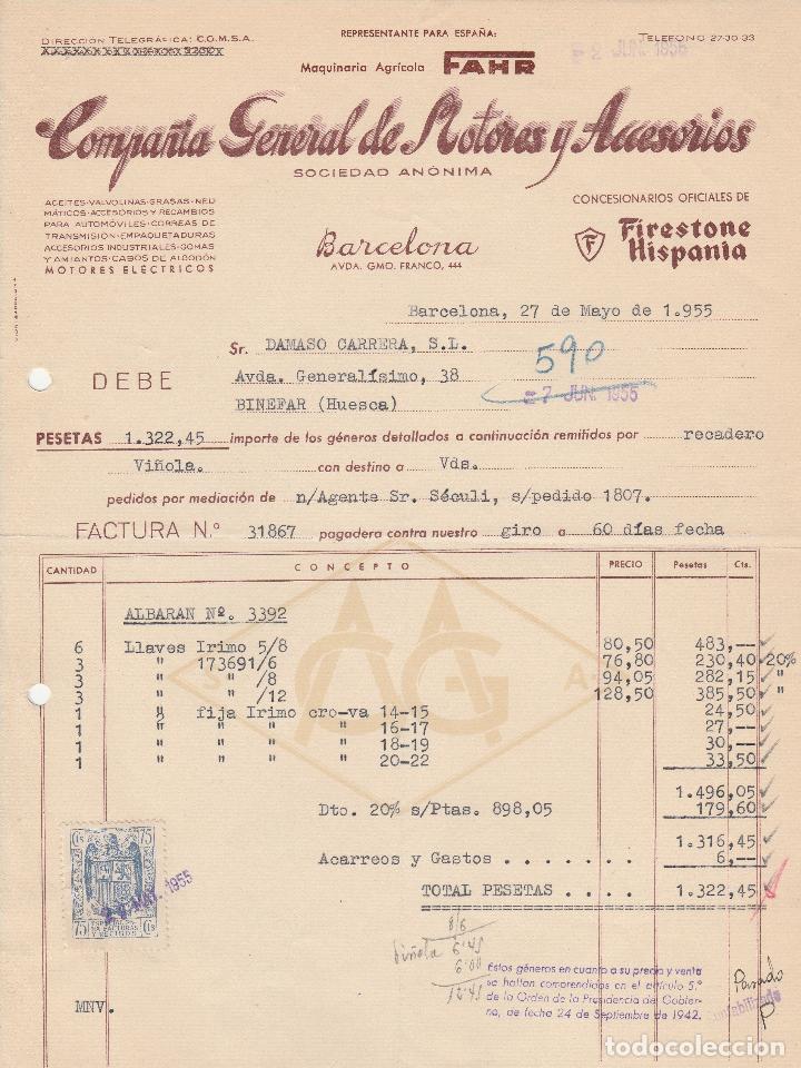 Factures anciennes: FACTURA. COMPA&Ntilde;IA GENERAL DE MOTORES Y ACCESORIOS, SOCIEDAD AN&Oacute;NIMA. BARCELONA. 1955.