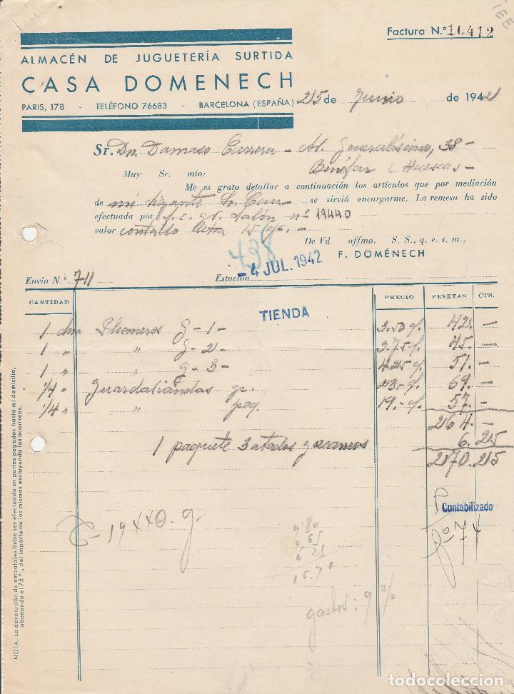 Factures anciennes: FACTURA. CASA DOMENECH. ALMAC&Eacute;N DE JUGUETER&Iacute;A SURTIDA. BARCELONA. 1942.