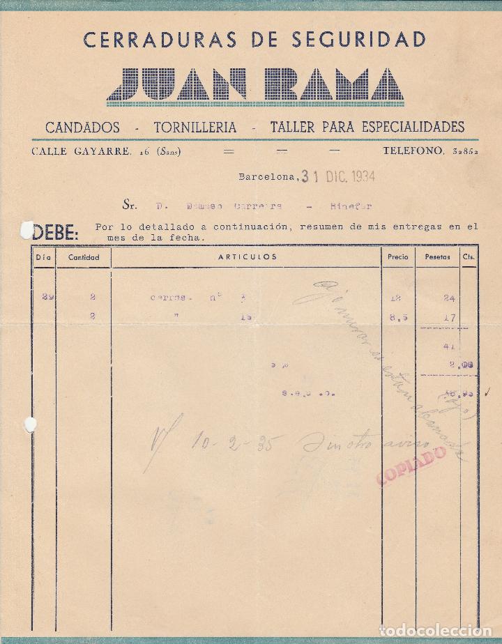 Factures anciennes: FACTURA. JUAN RAMA. CERRADURAS DE SEGURIDAD. BARCELONA. 1934.