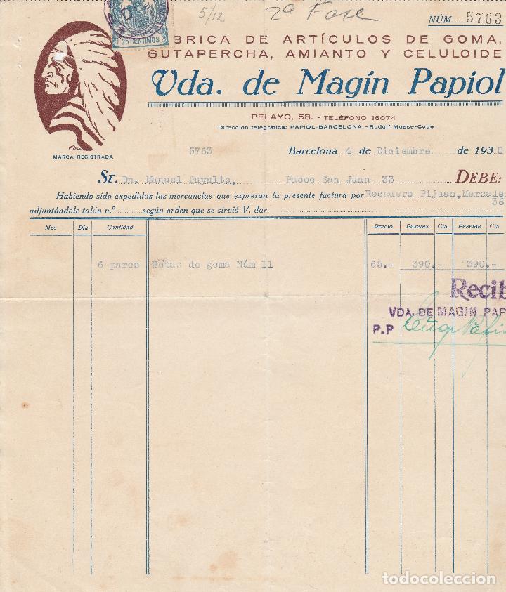 Factures anciennes: FACTURA. VDA. DE MAG&Iacute;N PAPIOL. F&Aacute;BRICA DE ART&Iacute;CULOS DE GOMA. BARCELONA. 1930.
