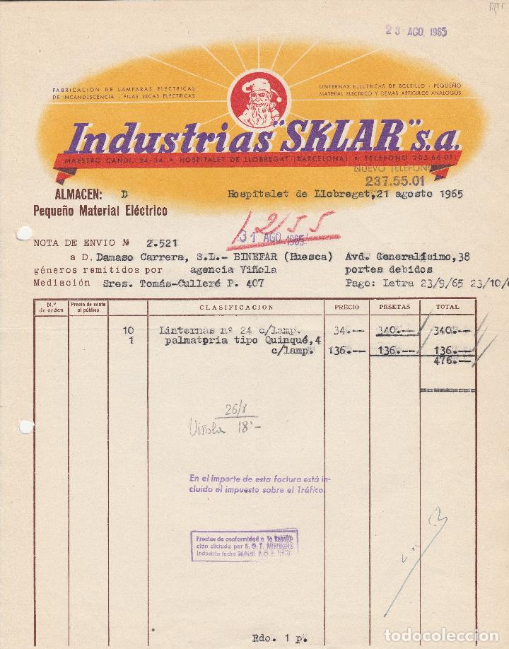 Factures anciennes: FACTURA. INDUSTRIAS SKLAR. FABRICACI&Oacute;N DE LAMPARAS EL&Eacute;CTRICAS. HOSPITALET DE LLOBREGAT. 1965.